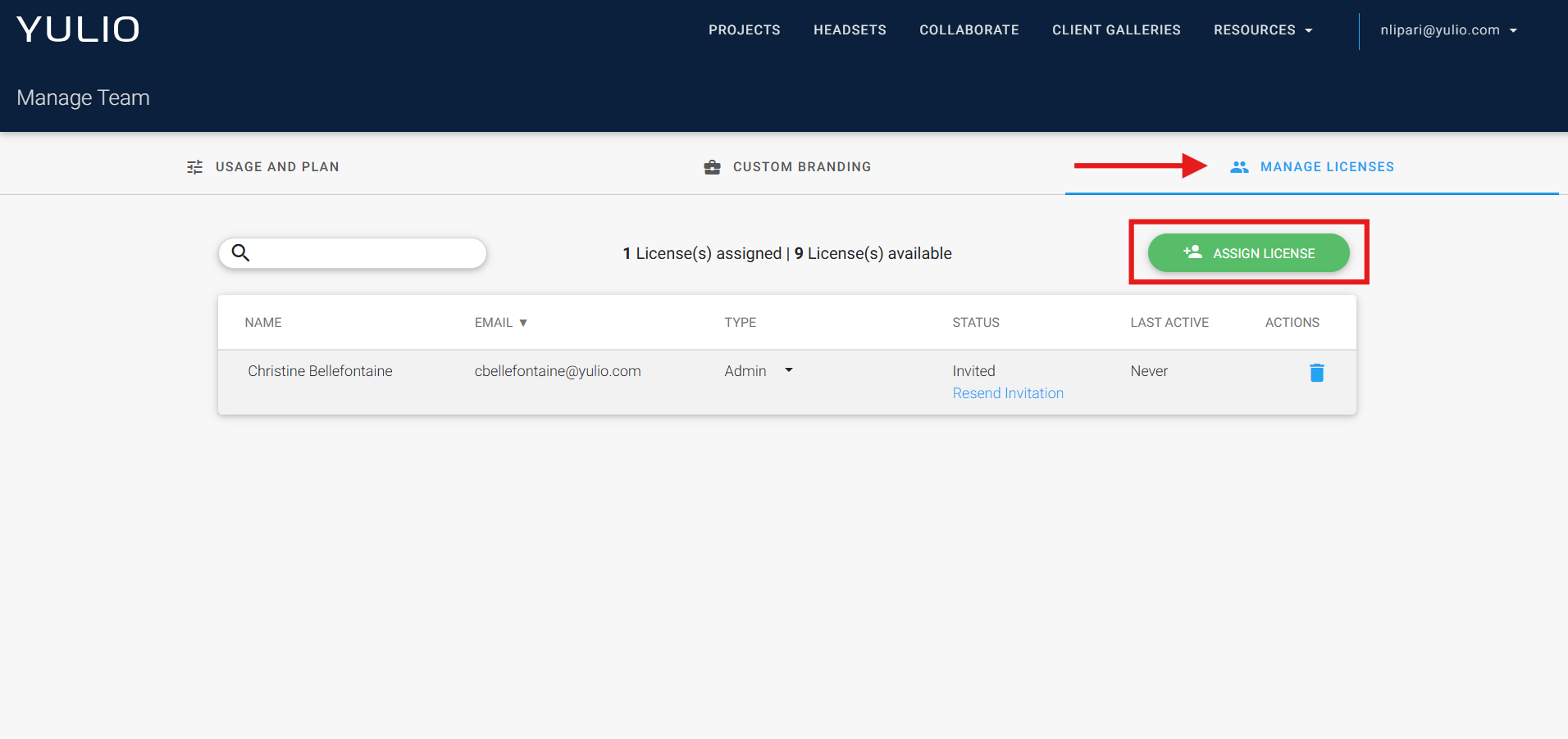 Screenshot of the Manage Licenses tab on the Company Settings page. A red outline is drawn on the screenshot to highlight the Assign License button.