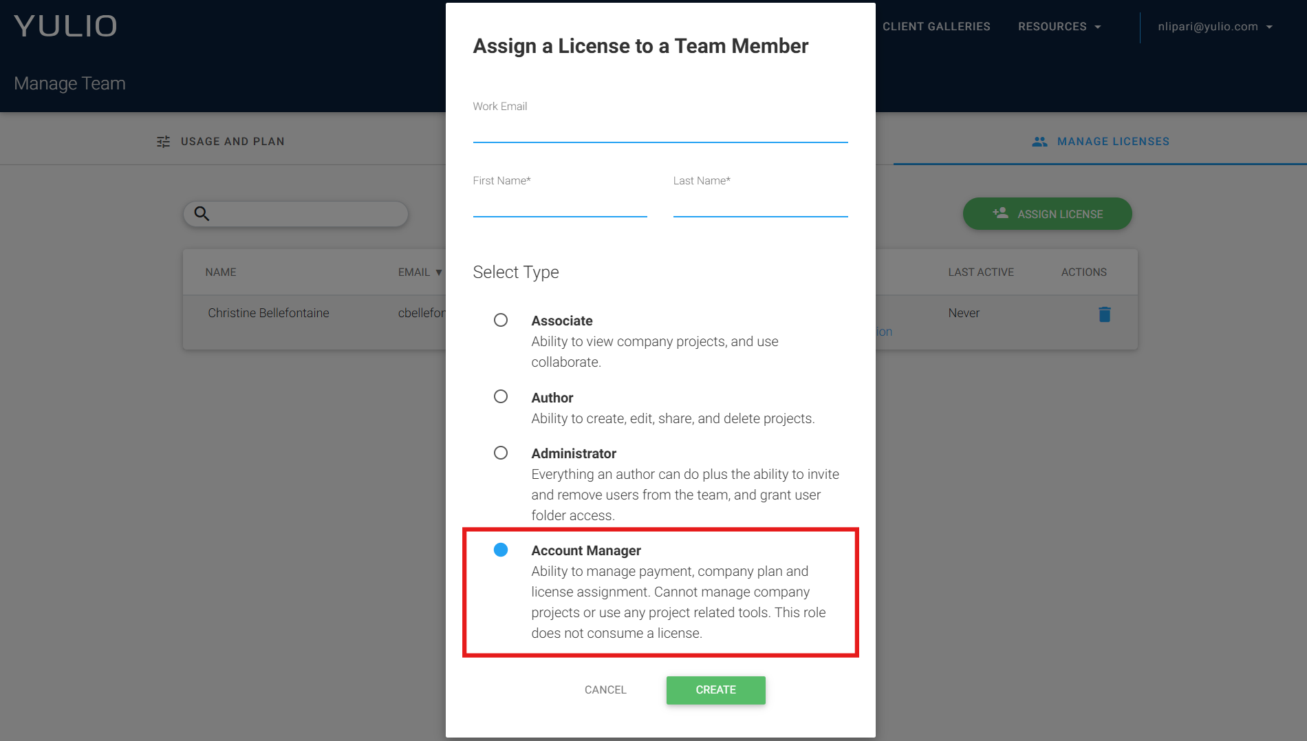 Screenshot of the Assign License pop-up. A red box is drawn on the screenshot to highlight the Account Manager user type option.