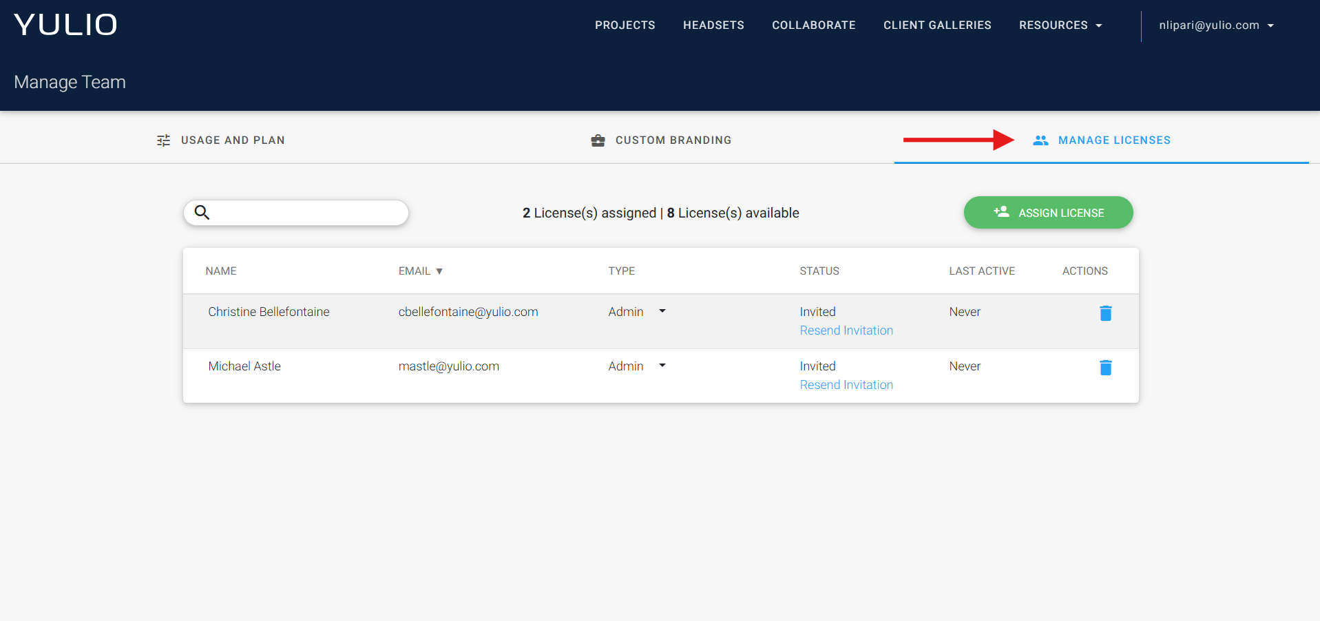 Screenshot of the Manage Licenses tab on the Company Setting page of a user's Yulio account.
